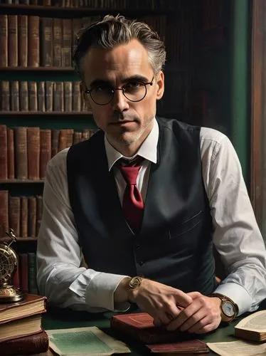 Male, Jordan Peterson, Joker-inspired, sinister smile, intense gaze, messy brown hair, glasses with thick frames, black suit, white shirt, red tie, pocket watch, sitting in a dimly lit, old-fashioned 