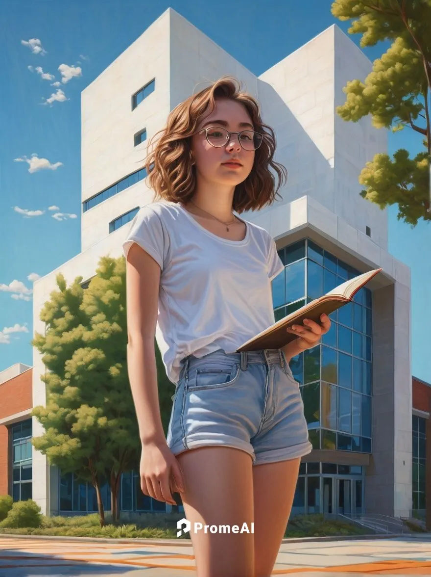 Summer architecture program, high school student, 16yo, curious expression, glasses, messy brown hair, casual white t-shirt, denim shorts, sneakers, holding a sketchbook, pencils scattered around, sta