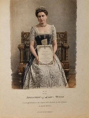 In artistic typography: Appointment-Certificate for Eveline of Wales as Lady-in-Waiting to the Queen.,a very pretty lady with an award in hand,weilerstein,ethel barrymore - female,wellesley,chambermai