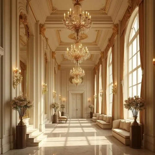 hallway,ballroom,corridor,foyer,royal interior,entrance hall,ritzau,enfilade,europe palace,ornate room,baccarat,nymphenburg,hall,hallway space,chandeliers,wedding hall,mikhailovsky,cochere,grandeur,neoclassical,Photography,General,Realistic