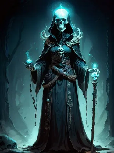 undead warlock,skeleltt,grimm reaper,dodge warlock,grim reaper,blue enchantress,death god,magistrate,magus,dance of death,sorceress,dark elf,mage,prejmer,skeleton key,danse macabre,reaper,skull rowing,pall-bearer,massively multiplayer online role-playing game,Illustration,Realistic Fantasy,Realistic Fantasy 15