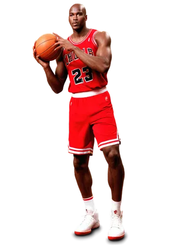 Michael Jordan, NBA basketball player, athletic build, determined facial expression, shaved head, iconic Air Jordan sneakers, red Chicago Bulls jersey, holding basketball, powerful dunking action, dyn