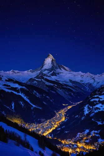 Night views over Zermatt and the Matterhorn,zermatt,matterhorn,matterhorn-gotthard-bahn,eiger mountain,grindelwald,eiger,cascade mountain,engadin,monte-rosa-group,mountain peak,gornergrat,swiss alps,e