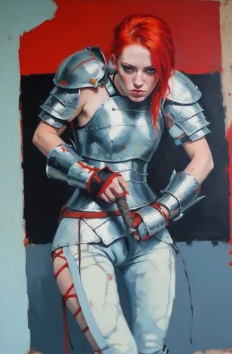 a female warrior with red hair, is undressing ,a painting of a woman wearing a metal outfit and holding soing in one hand,jasinski,female warrior,joan of arc,aveline,strongwoman,markswoman,Illustratio