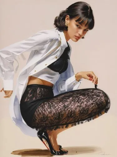 girl sitting,a drawing of a woman crouching down wearing lace,audrey hepburn,model years 1960-63,yasumasa,model years 1958 to 1967,retro women,retro pin up girl,Art,Artistic Painting,Artistic Painting