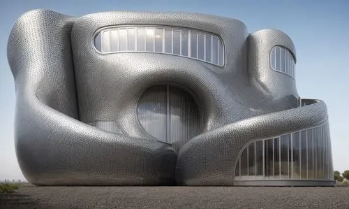 a  aluminium house with an curved blobby external aluminium facade and unique window options with background.
,futuristic art museum,cube house,futuristic architecture,cubic house,car sculpture,crooke