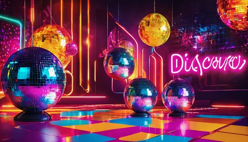 disco,colorful eggs,discobole,3d fantasy,cinema 4d,neon cocktails,80's design,3d background,3d render,colored eggs,nightclub,80s,retro diner,easter décor,digiart,neon drinks,3d,disco ball,neon candies,neon arrows,Illustration,Realistic Fantasy,Realistic Fantasy 38