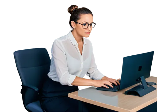 Mature lady, 30s, canceling subscription, serious expression, glasses, neat bun hair, minimal makeup, white blouse, black skirt, sitting at desk, hands on keyboard, mouse nearby, Shutterstock website 