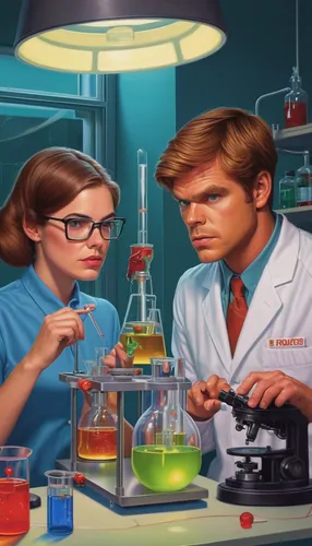 Create a funny scene involving Dexter and his annoying sister DeeDee in the laboratory,cartoon doctor,natural scientists,laboratory flask,chemist,fish-surgeon,science education,chemical laboratory,fem