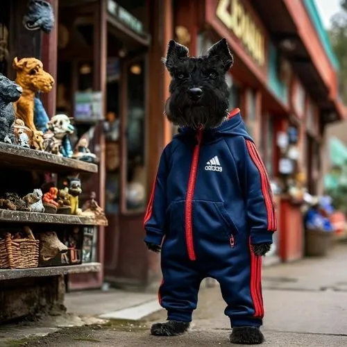 a logo of Adidas,a black dog is standing outside in front of storefront,scottie dog,takemoto,topdog,tracksuit,barkus,barkman