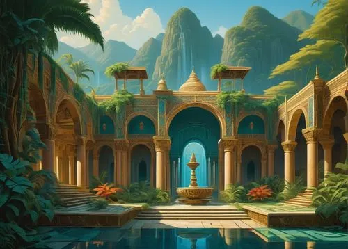 water palace,rivendell,fantasy landscape,ancient city,karakas,citadels,imperial shores,underwater oasis,alfheim,atlantis,oasis,agrabah,background design,dorne,atlantean,seregil,fantasy picture,skylands,world digital painting,lagoon,Illustration,Vector,Vector 13