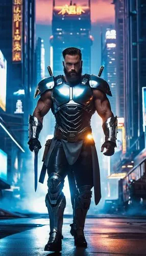 Futuristic Conan, muscular man, 30yo, rugged beard, short hair, silver armor, blue eyes, sword in hand, standing heroically, futuristic cityscape, skyscraper, neon lights, holographic advertisements, 