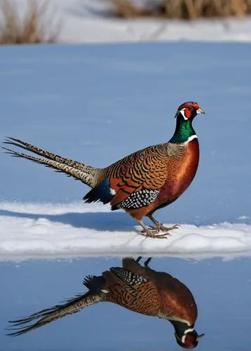 A pheasant floating on snow,ring-necked pheasant,common pheasant,pheasant,chukar partridge,pheasant's-eye,green winged teal (american),wood duck,eurasian wigeon,chukar,blue winged teal,partridge,pinta