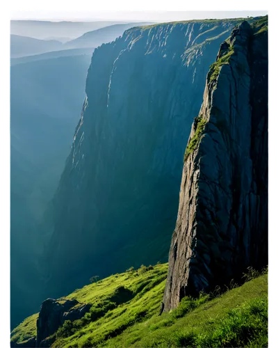 Rocky cliff, rugged terrain, steep slope, misty atmosphere, morning sunlight, dramatic shadows, sharp edges, weathered surface, greenery at edge, solo, majestic, cinematic composition, wide-angle lens