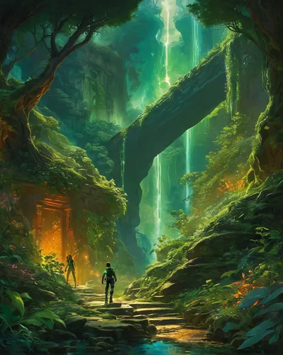 fantasy landscape,forest path,pilgrimage,fantasy picture,chasm,the mystical path,holy forest,druid grove,the forest,pathway,fallen giants valley,the pillar of light,the path,heaven gate,hall of the fallen,elven forest,world digital painting,green forest,forest landscape,the forests,Conceptual Art,Fantasy,Fantasy 05