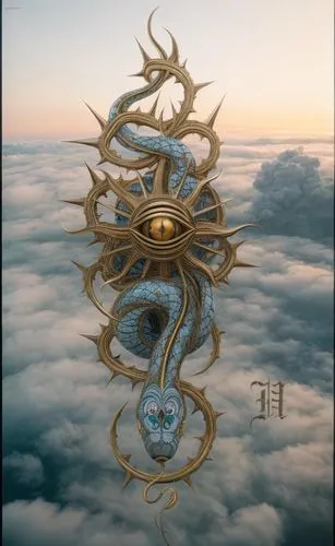 a golden object with a blue dragon and a eye,qabalah,shenlong,alethiometer,fractals art,triskelion,equilibrium,Common,Common,Film