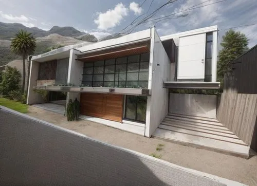 DISEÑO EXTERIOR DE UNA CASA RESIDENCIAL ESTILO MINIMALISTA, CON UN VENTANAL DE CRISTAL  EN EL AREA DE ACCESO PRINCIPAL, CANALES DE ACERO EN LA LOSA, ELMENTOS DE MADERA, MUROS COLOR BLANCO, COLORES NEU