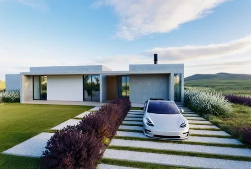 Respetar la imagen,a white car sits parked in front of a house,electrohome,grass roof,smart house,modern house,dunes house,smart home,Photography,General,Realistic