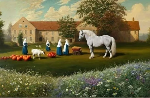 agricultural scene,pony farm,village scene,man and horses,a white horse,horse and cart,pastoral,horse stable,farm landscape,lipizzaners,chevaux,racehorses,lipizzan,sedlacek,stables,horses,the horse at the fountain,farmhouse,lachapelle,ploughing