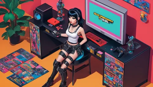 girl at the computer,sega mega drive,sega genesis,arcade game,anime 3d,game room,arcade games,virtual world,arcade,neo geo,retro girl,cyber,computer art,2d,computer,cpu,pixel cells,vector girl,game illustration,game drawing,Unique,3D,Isometric