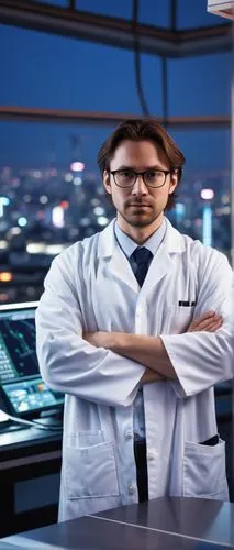 William Afton, AI researcher, male, 35yo, messy brown hair, thick-rimmed glasses, white lab coat, dark jeans, sneakers, standing, leaning against a futuristic laboratory table, surrounded by wires, ci