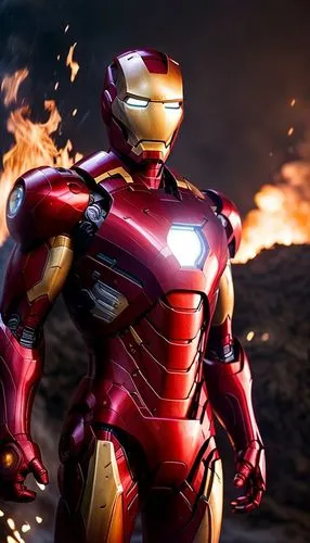 a man in iron suit with fire behind him,ironman,iron man,iron,ironist,tony stark,ironsi