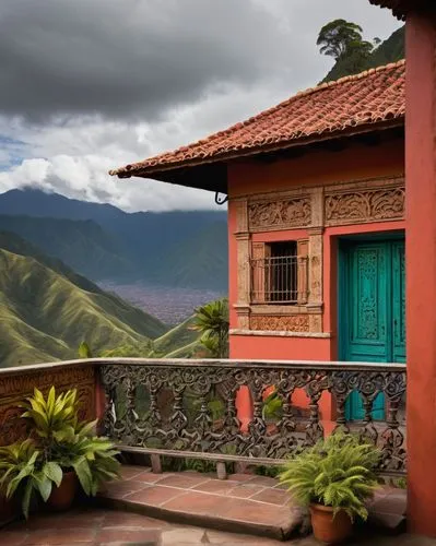 Traditional Ecuadorian house, wooden balcony, ornate iron railing, vibrant colored walls, red-tiled roof, rustic wooden door, intricate stone carvings, lush greenery surrounding, Andean mountains in b