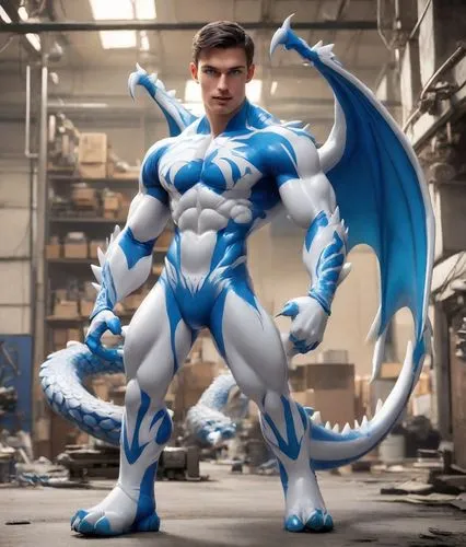 A mistake at the rubber factory. The  guy is a blue and white inflatable toy dragon. The character has a muscular body, the skin is made of sticky vinyl. The chest is made of white vinyl. Blue vinyl w