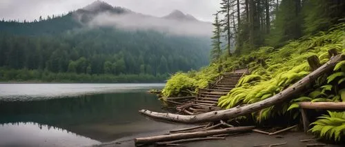 Pacific Northwest, misty forest, tall trees, ferns, moss, wooden fence, rugged mountains, foggy atmosphere, warm sunlight filtering through, vibrant greenery, serene lake in distance, driftwood on sho