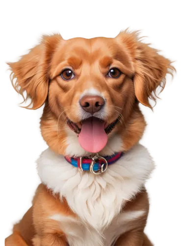 Funny dog pictures, cute dog face, big brown eyes, floppy ears, curly fur, sitting posture, front legs crossed, tongue out, happy expression, colorful collar with bells, cartoonish style, soft focus, 