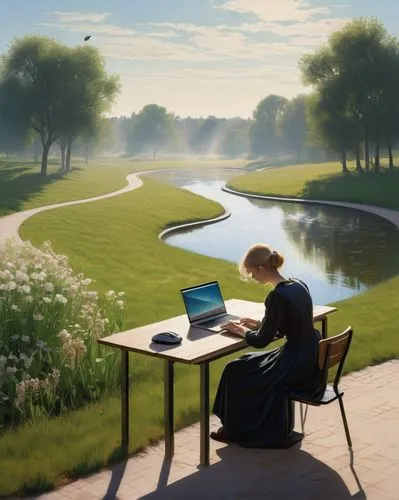 girl at the computer,girl studying,telecommute,telecommuting,remote work,world digital painting,idyllic,virtual landscape,teleworking,wacom,working space,telework,illustrator,telecommuter,workspaces,sedlacek,landscape background,inspiron,computer art,writing desk,Art,Classical Oil Painting,Classical Oil Painting 20