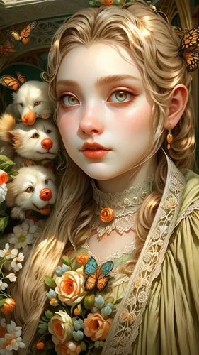 girl in flowers,jessamine,fantasy portrait,angelica,flora,girl picking flowers,fairy tale character,artemisia,fantasy art,faery,fae,elven flower,mystical portrait of a girl,girl in the garden,vanessa (butterfly),dulcinea,beautiful girl with flowers,faerie,eglantine,portrait background