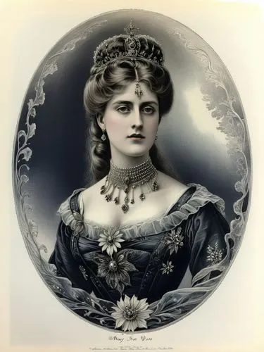 Black and white steel engraving, 1900: MARY (née von Teck), then Princess of Wales,an antique po of a woman wearing a tiara,vintage female portrait,female portrait,edwardian,margaret savannah,victoria