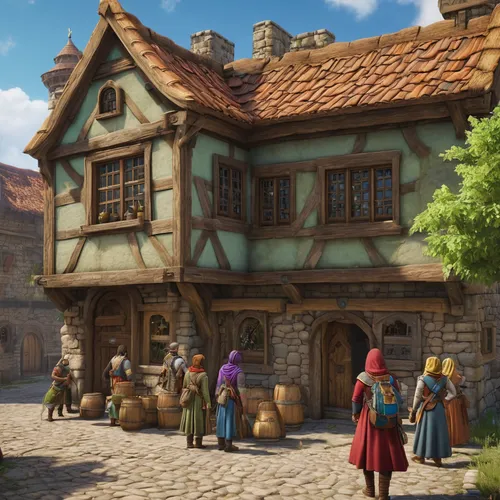 tavern,medieval market,knight village,medieval street,medieval town,hamelin,pub,wine tavern,castle iron market,medieval,medieval architecture,the pied piper of hamelin,rathauskeller,hobbiton,guild,merchant,marketplace,alpine village,the pub,thatch,Photography,General,Natural