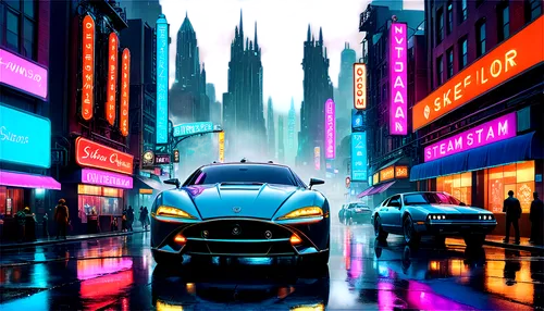 bladerunner,neon arrows,cyberpunk,countach,zonda,cityscape,cybercity,motorcity,world digital painting,colorful city,futuristic landscape,cosmopolis,polara,brum,new york taxi,neons,city scape,neuromancer,street canyon,retro background,Conceptual Art,Fantasy,Fantasy 25