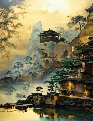 Wall mural style with gold-colored paint,Scenery of the Jiangnan water towns,Huizhou-style architecture,trees,houses,mountains,moon,clouds,moonlight,river,reflection,arch bridge,steps,pavilion,moss,ro