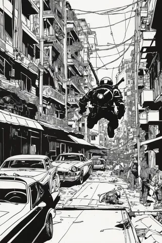 Write a suspenseful chase scene through K￶nigsstrasse.,mono-line line art,mono line art,post apocalyptic,street canyon,suburb,black city,saigon,kowloon city,destroyed city,slums,wires,spider-man,junk,