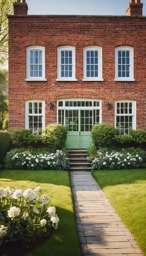 1950s house architecture, suburban area, single-family home, two-story building, brick exterior, white windows, wooden door, green roof, chimney, symmetrical facade, lush green lawn, blooming flowers,