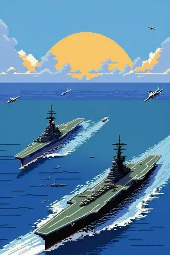 The Battle of Midway,there are two ships in the ocean under a sunset,jmsdf,warships,naval battle,yamato,aircraft carrier,battleships,Unique,Pixel,Pixel 01