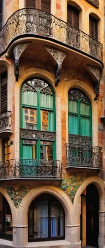 Barcelona style architecture, modernist building, Gaudí-inspired façade, ornate iron balconies, colorful mosaic tiles, grand entrance with arches, intricate stone carvings, curved lines, asymmetrical 