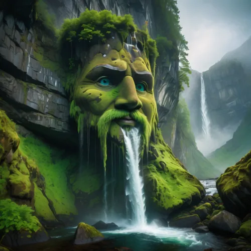 waterfall, Water falling out the mouth, eyes looking at the camera,a giant green monster is standing in a valley,green waterfall,druidic,druidism,waterval,greeniaus,tuatha