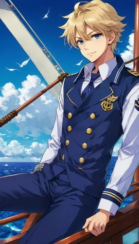 A handsome sailor with short messy blonde hair, in costume was relaxing on a ship on the high seas. He wears a sailor uniform, consisting of medium blue pants, a navy blue shirt and a white sailor's o