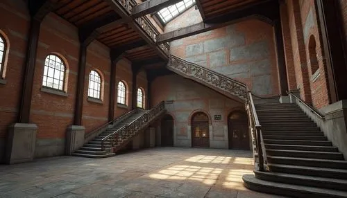 Rustic industrial setting, exposed brick walls, steel beams, wooden pillars, concrete foundations, intricate arches, ornate columns, grand entrances, sweeping staircases, minimalist railings, industri