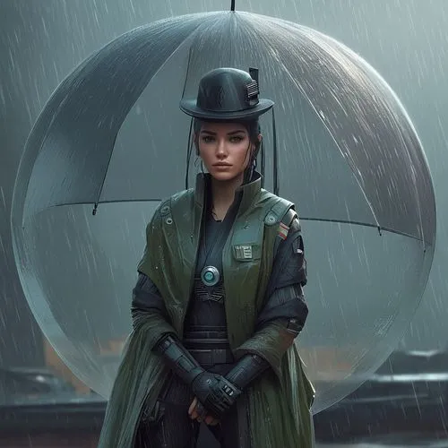 un panorama futurista, bajo la lluvia,cg artwork,rain suit,sci fiction illustration,umbrella,raindops,rain protection,lady medic,in the rain,raincoat,female doctor,walking in the rain,cyberpunk,katnis