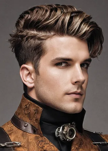 mohawk hairstyle,pompadour,cullen skink,male model,hair shear,male elf,feathered hair,layered hair,smooth hair,caramel color,artificial hair integrations,prince of wales feathers,cravat,matador,management of hair loss,hairstyle,steampunk,king arthur,huntsman,newt,Conceptual Art,Fantasy,Fantasy 25