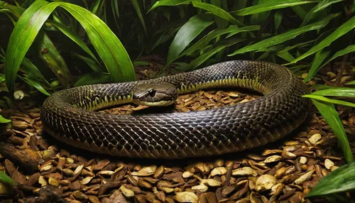 Describe a venomous snake lurking in a murky jungle.,indian cobra,african house snake,plain bellied watersnake,splendor skink,plains gartersnake,glossy snake,eleutherodactylus,scombridae,eastern indig