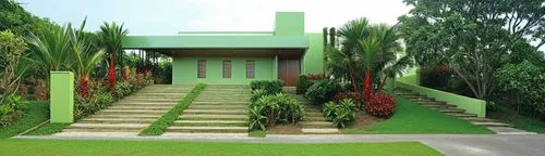 The scene is supposed to show the landscape architecture project for a residencial facade. The style is luxuous tropical ans the proominent colorcas of the garden are green with small touches of red i