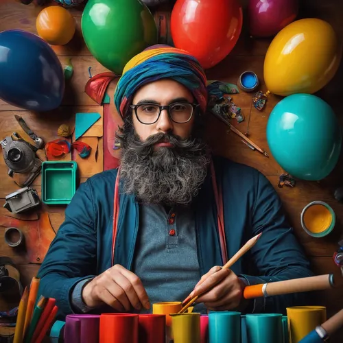 Explore your creativity with a self portrait featuring colorful props.,painting technique,italian painter,meticulous painting,art tools,painter,colourful pencils,indian drummer,indian musical instrume