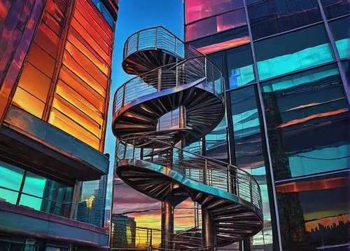 Axis, architectural, futuristic, metallic, silver, cylindrical, spiral staircase, glass elevator, neon lights, holographic advertisements, urban cityscape, skyscraper, modern metropolis, evening, suns