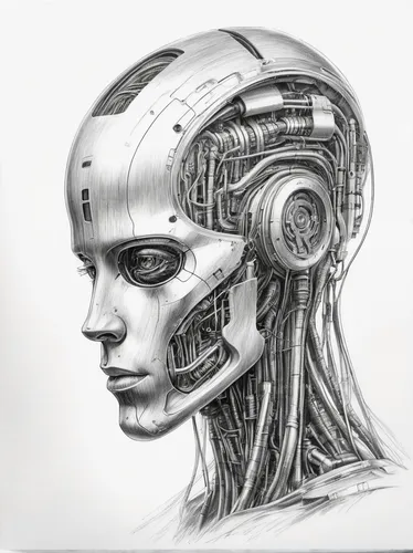 cyborg,biomechanical,cybernetics,ai,artificial intelligence,head woman,humanoid,graphite,robotic,sci fiction illustration,helmet,brainy,bicycle helmet,human head,human,scifi,sci fi,astronaut helmet,robot,machines,Illustration,Black and White,Black and White 35